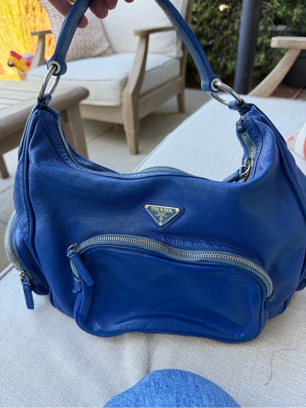 Prada Royal Blue Leather Shoulder Bag with Front Zip Pocket